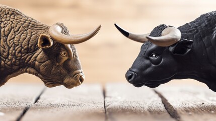 Close-up of two bull statuettes, gold and black, facing each other against a blurred wooden backdrop, highlighting intricate details and textures.