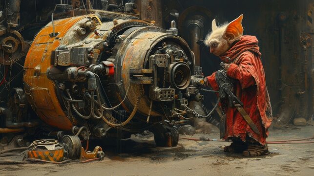Steampunk-inspired scene with a fantasy creature in a red robe working on a complex machine in an industrial setting.