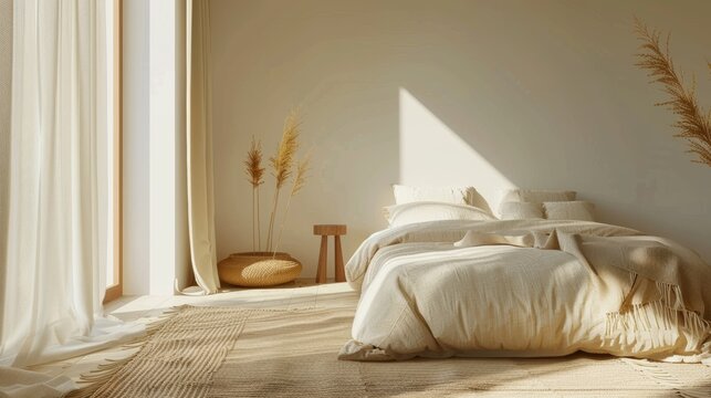 Fototapeta A minimalist bedroom interior with eco-friendly bedding, energy-efficient appliances, and natural decor accents, creating a serene environment conducive to sustainable living, with space for text or