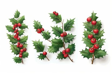 3D realistic modern icon set of christmas decorations - holly and red berries