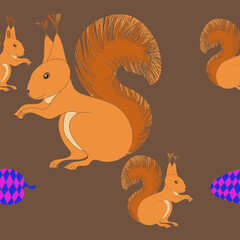 Horizontal pattern  colored  squirrel. Hand drawn.