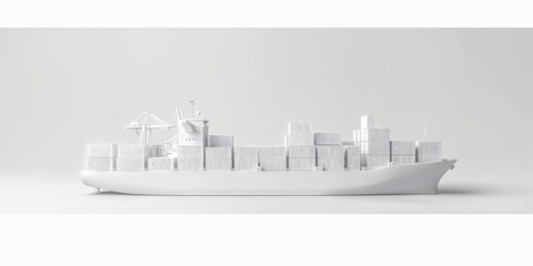 3d render style of all-white cargo ship full of shipping containers on white background 