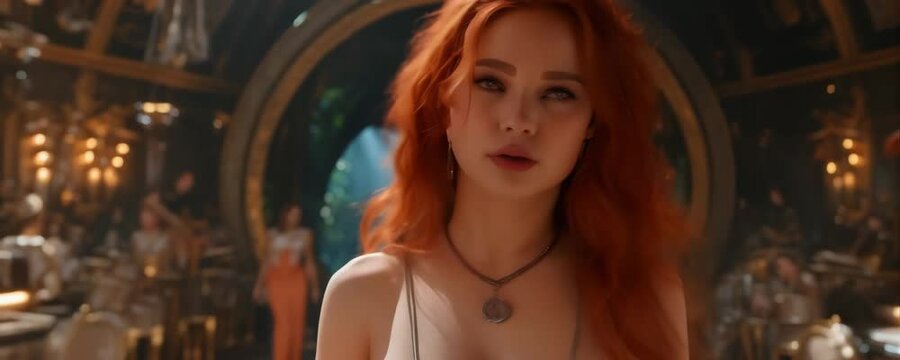AI-generated portrait of redhead woman in white dress with ornate gothic interior, digitally created fantasy scene with dramatic candlelight atmosphere and elegant architecture - Anamorphic 4K