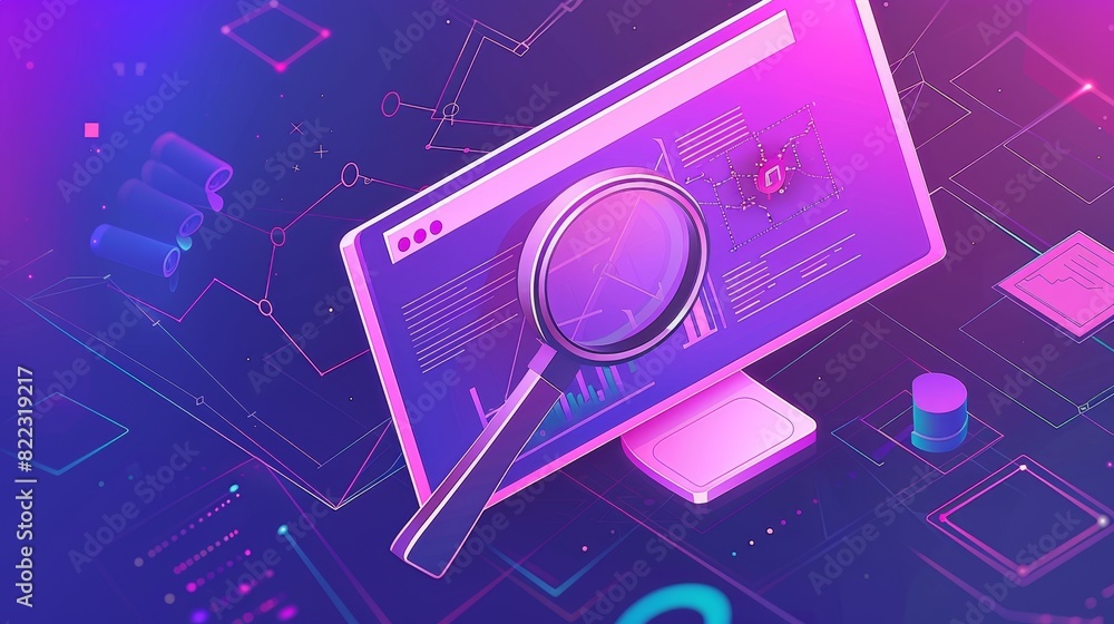 Poster a simple isometric landing page with keywords. seo keyword research tool magnifying glass, long tail