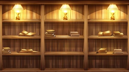 Modern realistic mockup of white bookshelves in a library, wood showcase in a retail store. Timber planks for display or exhibition in an art gallery.