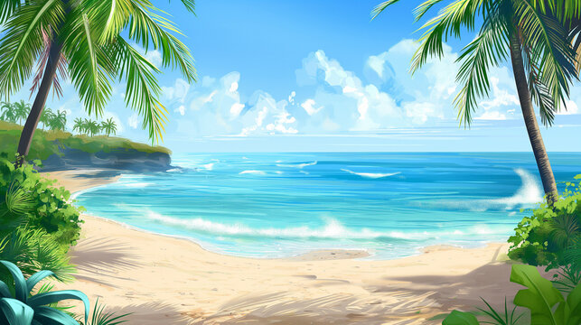Beach Panorama with blue water and palm trees network concept, realistic style
