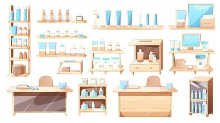 There is a set of cartoon moderns that depicts a natural cosmetics store interior, furniture, cosmetic bottles, display shelves, a cashier's desk, a computer, a signboard, and a sign on the wall.