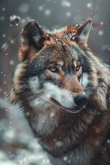 Obraz premium A wildlife high quality photo of wild wolf standing during winter snowing background, wallpaper