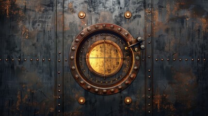 An old metal door with a porthole, rusty submarine or bunker entrance with an illuminator and rotary valve lock wheel.