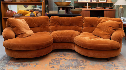 Retro-style orange velvet sofa with plush cushions sits in a cozy, vintage-themed living room, featuring warm tones and a stylish atmosphere.