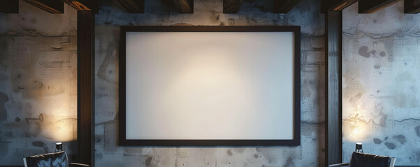One empty white frame with dark borders, centrally spotlighted and tilted slightly to the right in a modern architectural studio against 