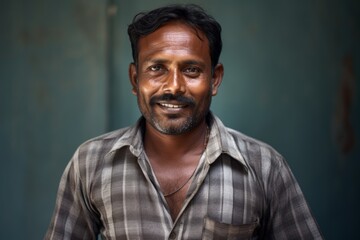Obraz premium Portrait of a content indian man in his 40s smiling at the camera on bare monochromatic room