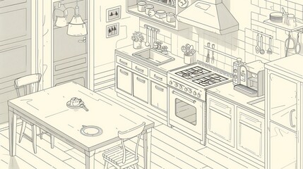 Isometric landing page with a cozy dining room, served table, oven, range hood, refrigerator, and utensils. Modern line art web banner.