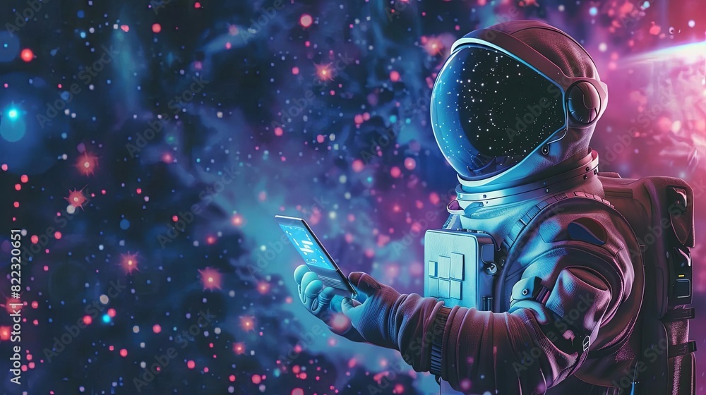 Poster astronaut floating in outer space sharing information on futuristic tablet digital illustration
