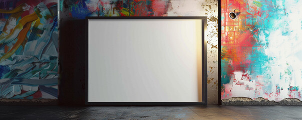 One empty white frame with dark borders, centrally spotlighted and tilted slightly to the right in a modern architectural studio against