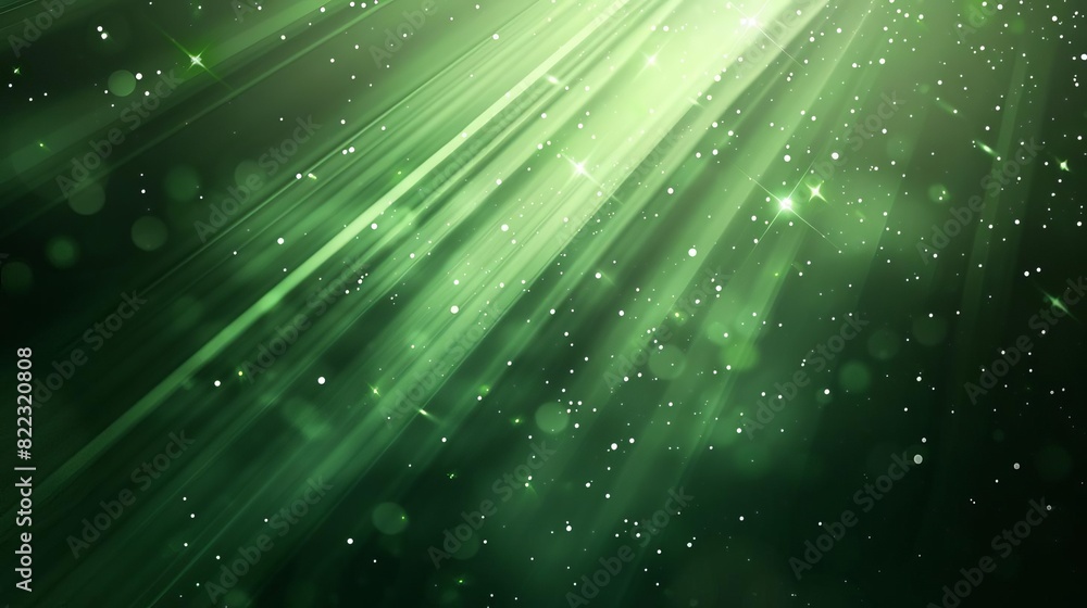 Poster asymmetric green light rays on dark green background abstract sparkling backdrop