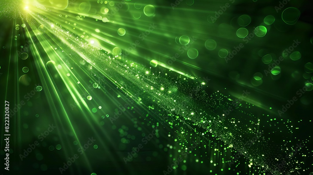 Poster asymmetric green light rays on dark green background abstract sparkling backdrop