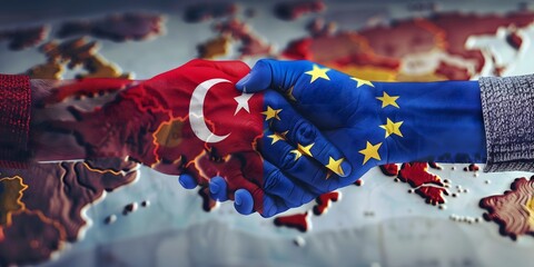 Turkey and European union flags. Relationship between Turkey and phage of Europe. Political flags Concept is Turkey's accession to European Union Europe colored with the flags