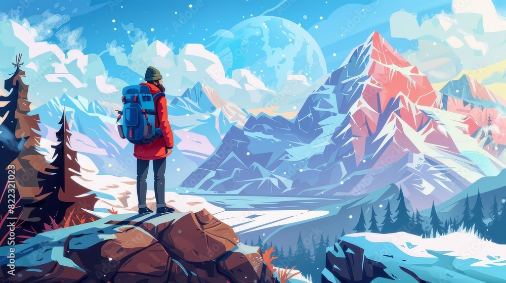 Poster smartphone lock screens with traveling tourist in winter landscape. mobile phone onboard page with d