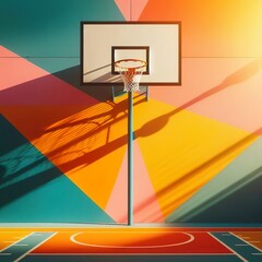 Basketball Hoop on Color-Blocked Wall, Vibrant Sports Court