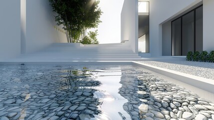 Geometric Villa Space with Water Pool and White Cobblestones
