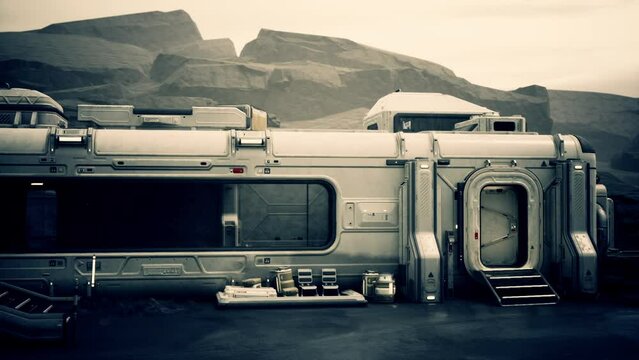 A modern RV designed for settlers on an alien planet, set against the backdrop of a towering mountain.