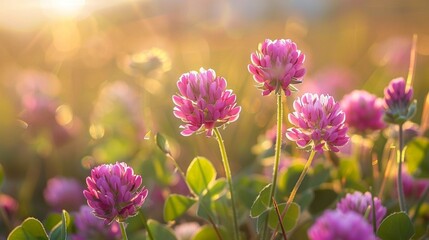 Pink clover flowers growing in the meadow