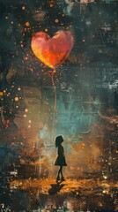 Painting of a girl holding a heart shaped balloon in the rain. Vertical background 