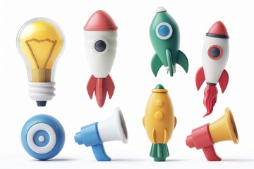 Modern icon set with a light bulb, a megaphone, and a rocket.