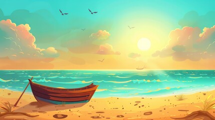 Cartoon illustration of ocean with sand shore and boat on water, sun, clouds, and birds at sunset on modern parallax background for 2D animation.