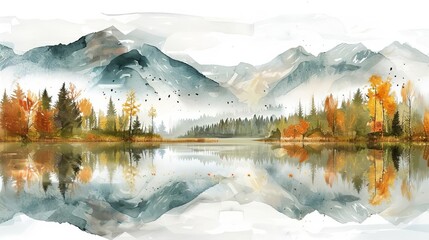 autumnal watercolor landscape with mountains forests and lake picturesque woodland scene handpainted illustration