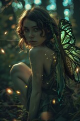 Dancing fairy in an enchanted magical forest flying fairy with blonde hair and butterfly wings Fairy Gold Girl Woman Butterflies Magic Forest Enchanted Fairy  girl concept