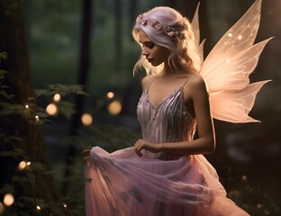 Dancing fairy in an enchanted magical forest flying fairy with blonde hair and butterfly wings Fairy Gold Girl Woman Butterflies Magic Forest Enchanted Fairy  girl concept