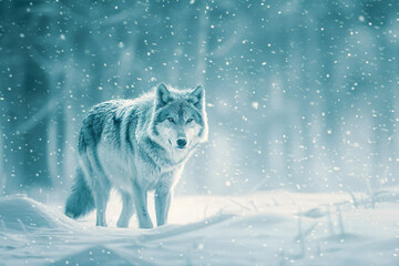 A wildlife high quality photo of wild wolf  standing  during winter snowing  background, wallpaper