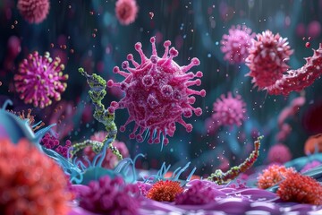 Fototapeta premium Highly detailed 3D rendering showcasing a vibrant and colorful microscopic virus environment, highlighting virus structures and interactions.