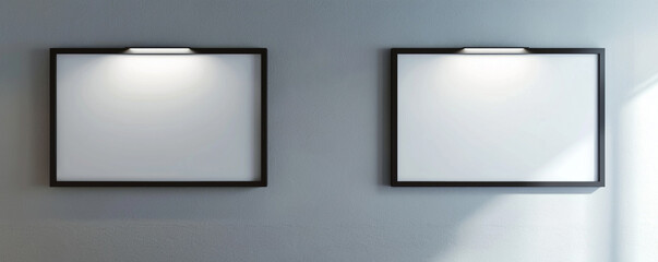 Two empty white frames with dark borders, each spotlighted in a sleek architectural design studio against a light gray wall. 