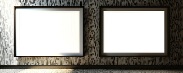 Two empty white frames with dark borders, spotlighted in a sleek architectural design studio against a wall 