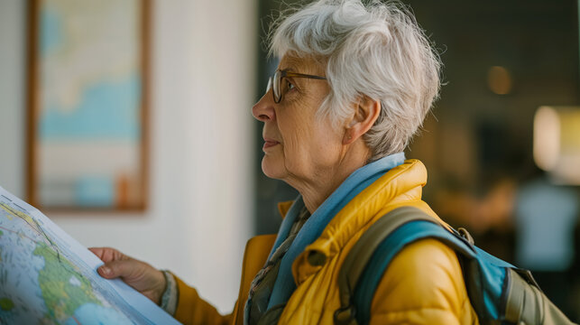 Elderly woman with short gray hair and glasses, wearing a yellow jacket and a backpack, looks at a map indoors - Powered by Adobe