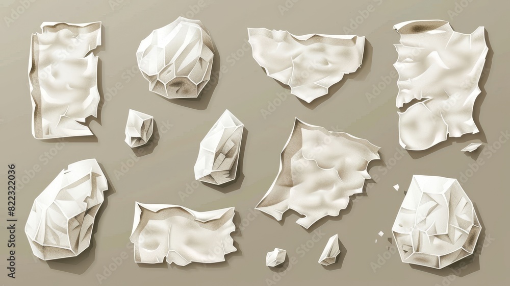 Poster mockup showing white glued stickers and crumpled paper patches. blank shrunken labels with rounded c