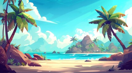 This modern parallax background is ready for 2D animation with cartoon summer seascape with lagoon and rocks on the horizon.