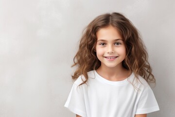 Silver background Happy european white child realistic person portrait of young beautiful Smiling...