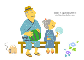 縁側で夕涼みをするシニア夫婦　カラフルでかわいい主線なしイラスト