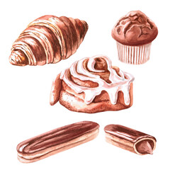 Set of cinnamon bun, croissant, muffin and eclair in watercolor illustration on a white background. Hand drawn illustration of pastries and coffee for cafe, menu, cookbooks, coffee brand logo, bakery.