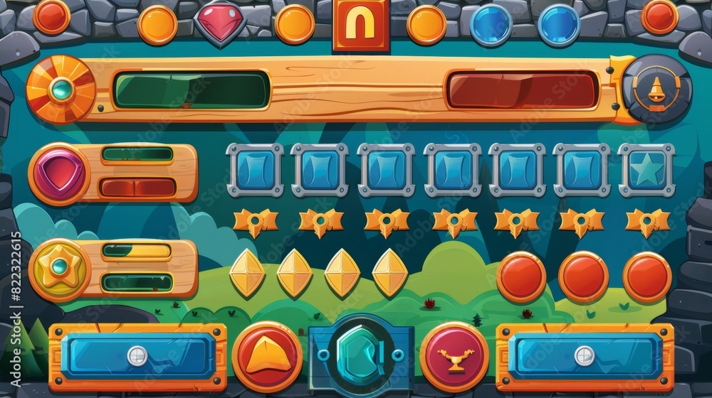 Poster game design interface with glossy buttons and panels. modern cartoon set of ui elements in different