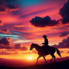 silhouette of a cowboy riding into the sunset, c4d, dreamy and optimistic, vibrant sky
