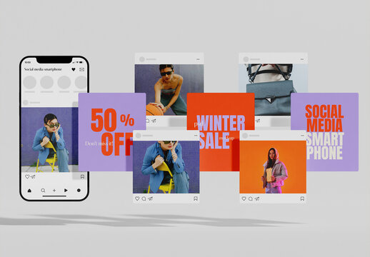 Smartphone with Seven Square Post Layout Mockup