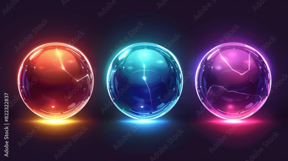 Poster isolated modern cartoon set of different color glowing orbs, fantasy bright circle signs with light 