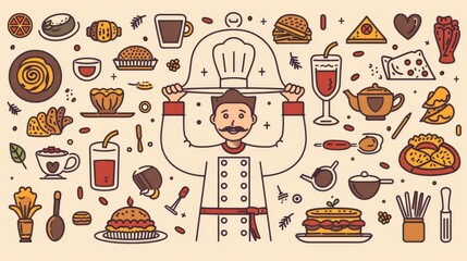 Decorative background with chef holding dish under cloche lid, restaurant icons around. Linear modern illustration of a cooking pan, pizza, cake or cupcake, teapot, kitchen crockery, drinks, meals,