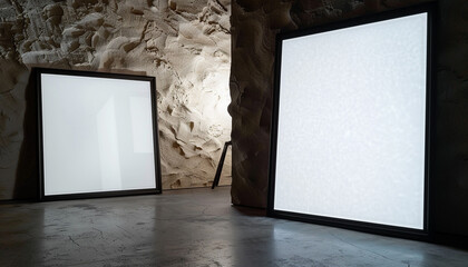 Two empty white frames with dark borders in an architectural studio, centrally spotlighted and angled--one facing slightly forward