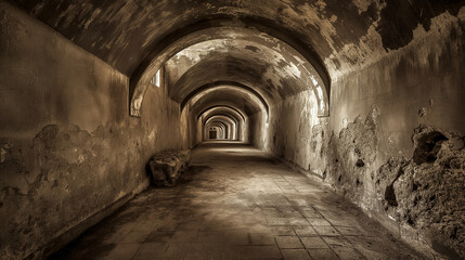Old, weathered tunnel with arched ceilings and deteriorating walls stretches into the distance, illuminated by soft, natural light filtering through small openings.